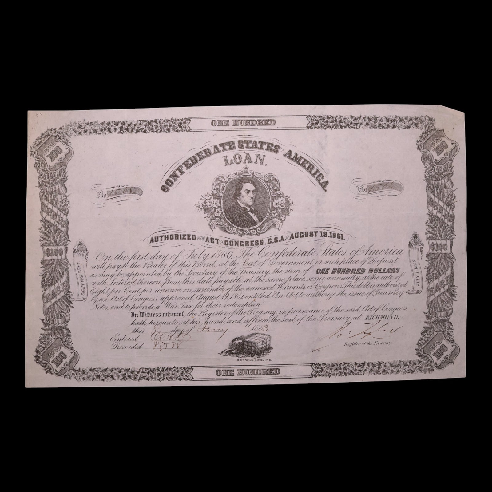 Confederate States of America, $100 Bond, R. M. T. Hunter (Secretary of State) - 1861 - U.S. Civil War