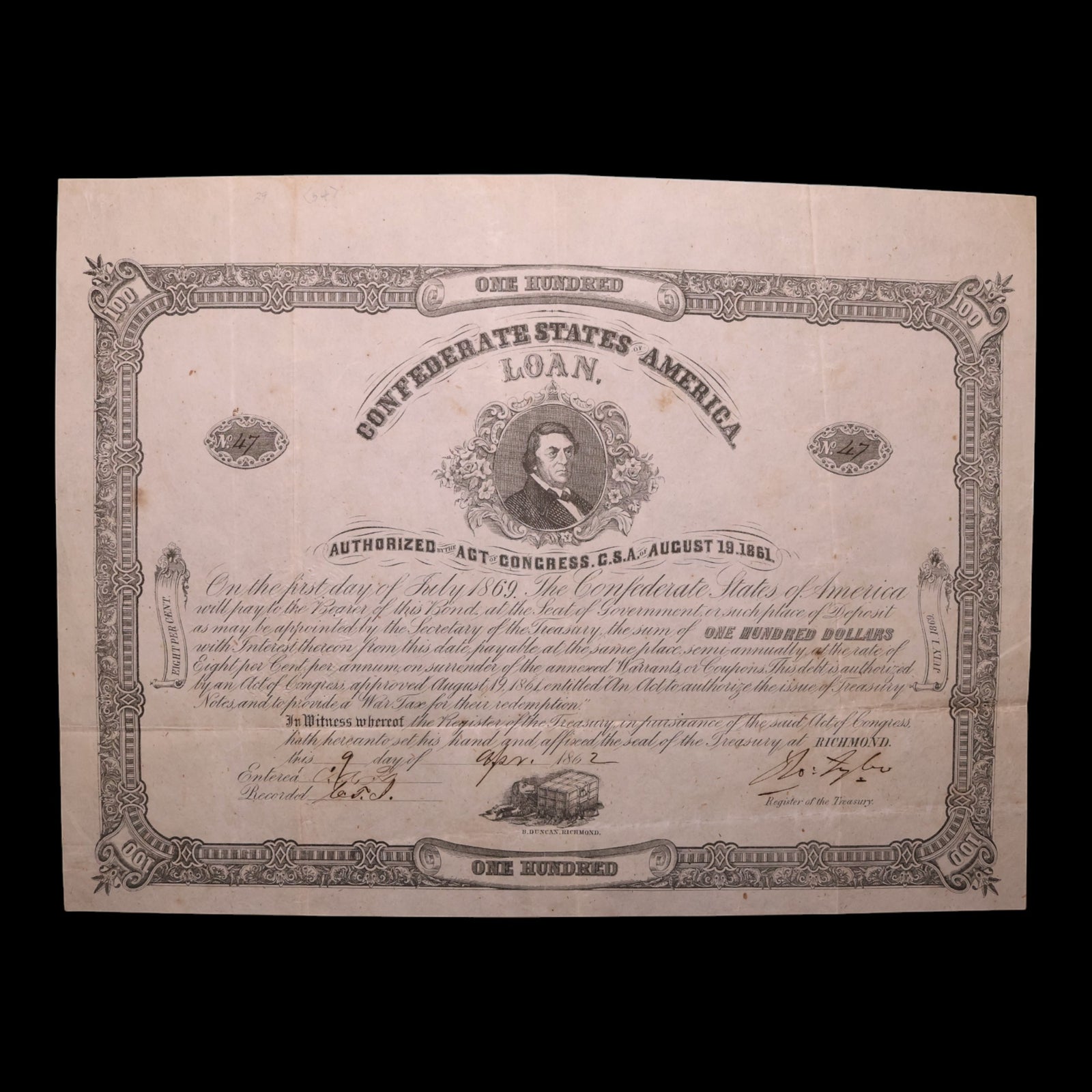 Confederate States of America, $100 Bond, R. M. T. Hunter (Secretary of State) - 1861 - U.S. Civil War