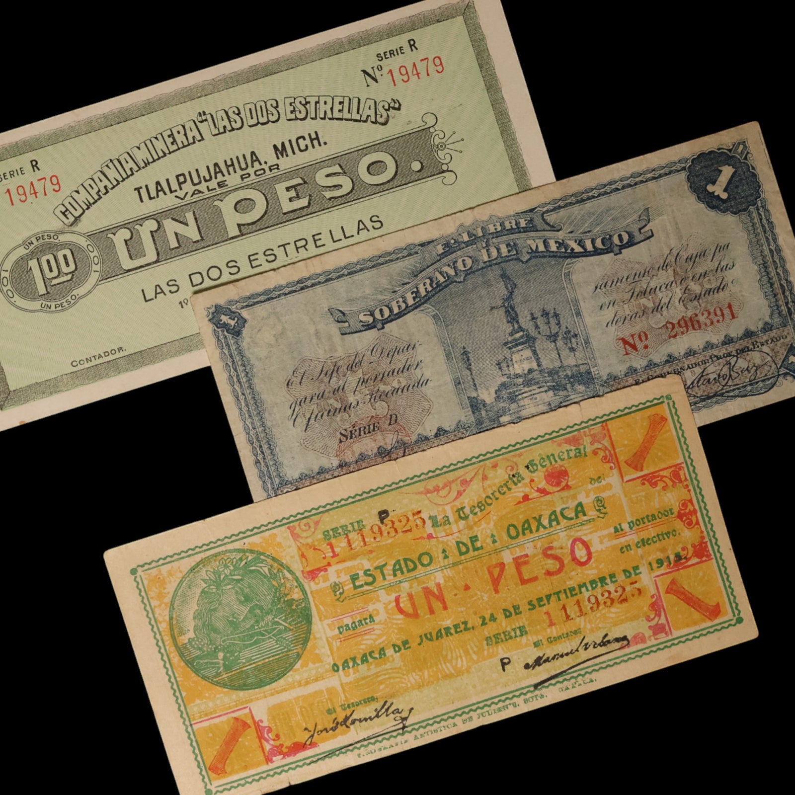 Mexican Revolution, Three Banknote Collection - 1914 to 1915 - Mexico
