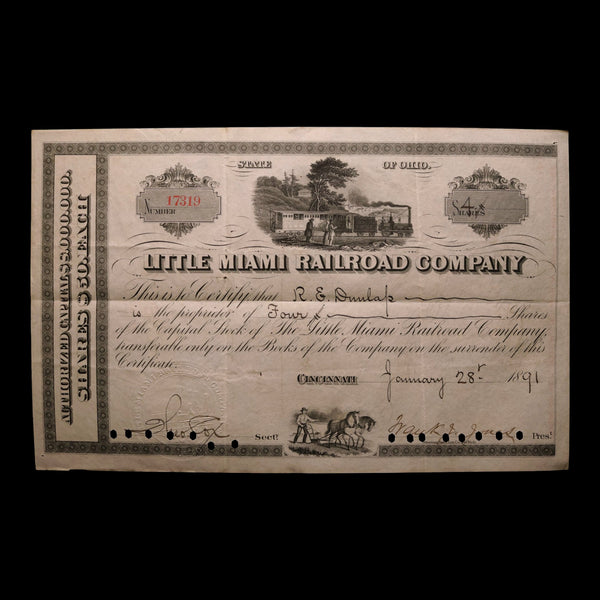 Little Miami Railroad Stock Certificate - 1890s - The Gilded Age