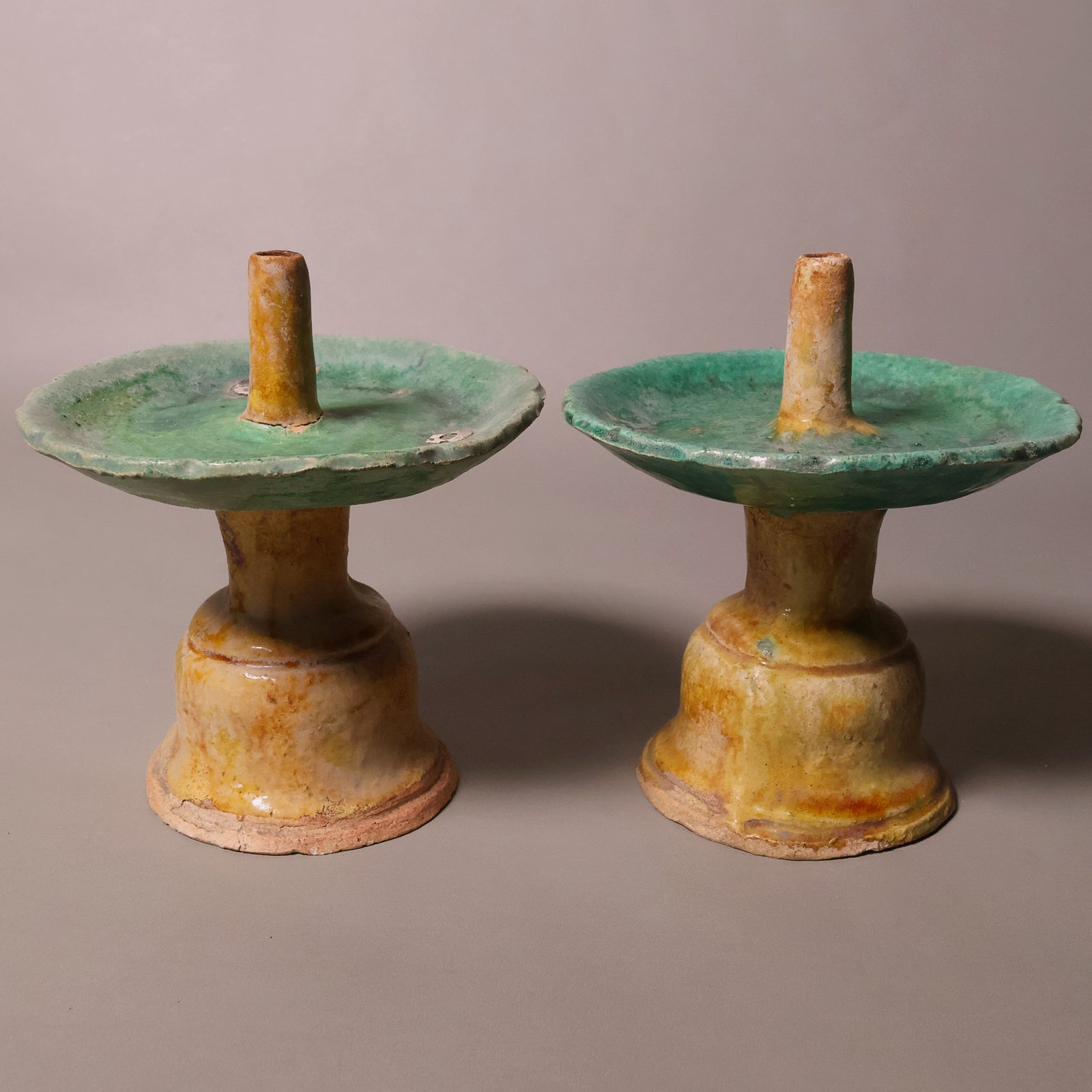 China, Ming Dynasty, Set of Two Candle Holders, Sancai Glazed Pottery - 1368 to 1644 CE - Imperial China