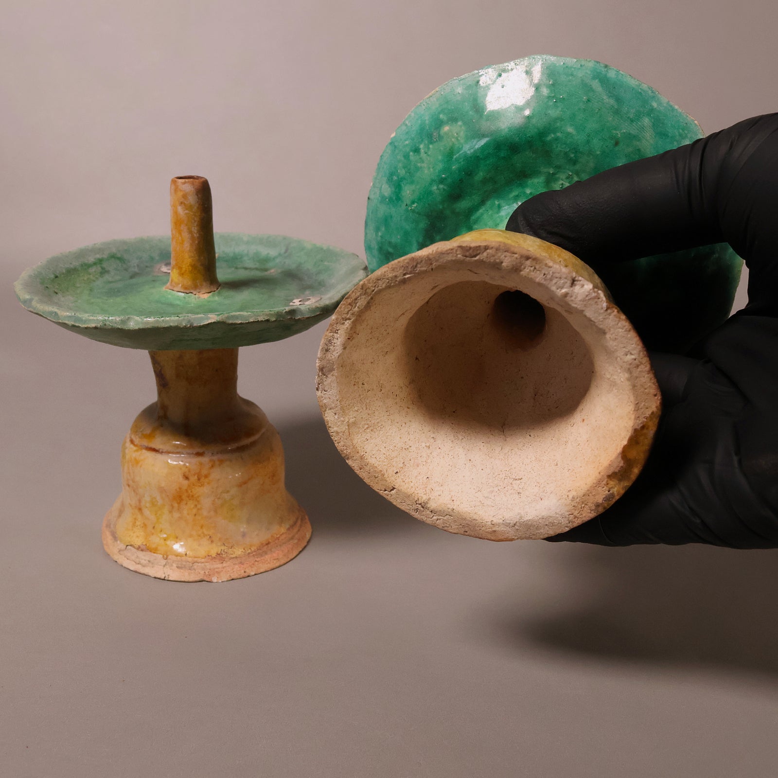 China, Ming Dynasty, Set of Two Candle Holders, Sancai Glazed Pottery - 1368 to 1644 CE - Imperial China