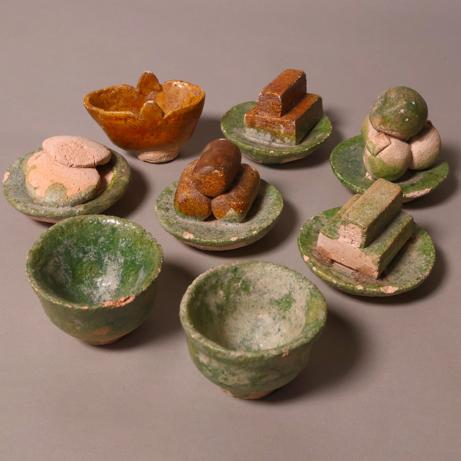 China, Ming Dynasty, Set of Eight Food-Based Tomb Offerings, Sancai Glazed Pottery - 1368 to 1644 CE - Imperial China