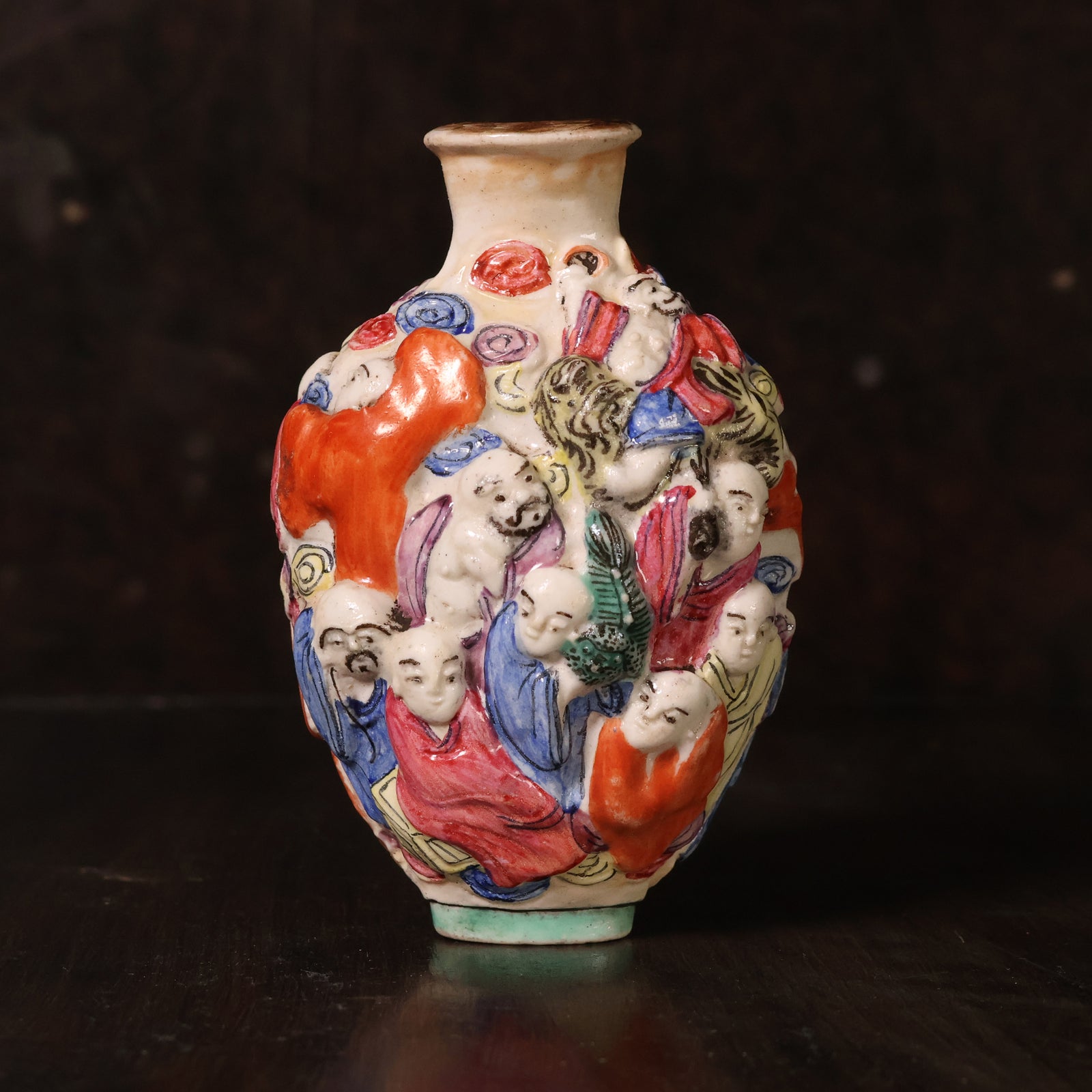 China, Qing Dynasty, Glazed Porcelain Snuff Bottle, Eighteen Arhats (Original Followers of Buddha) - 1800s CE - Imperial China