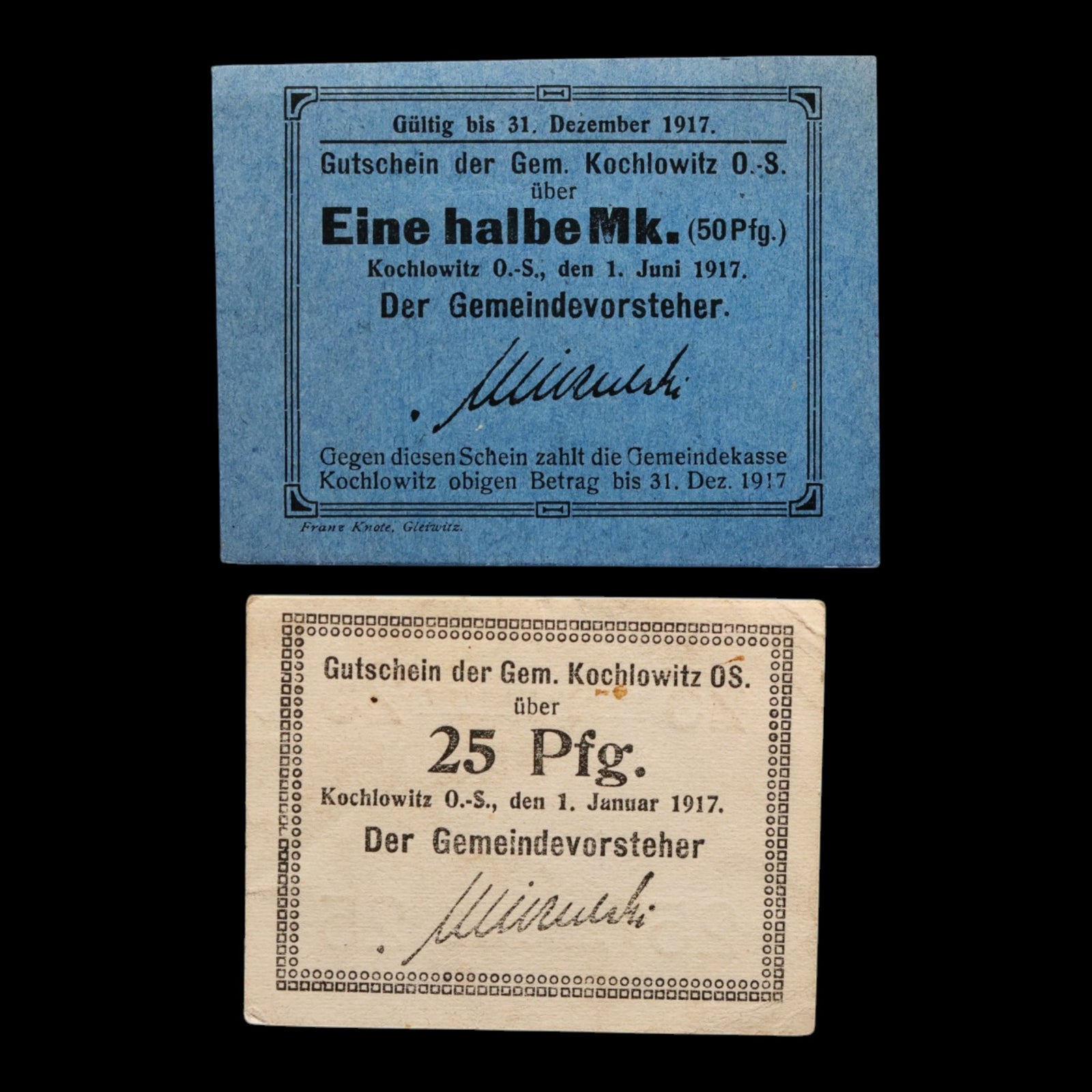 German Empire, City of Kochlowitz, ½ Mark & 25 Pfennig (2 Notgeld Notes) - 1917 CE - WWI Emergency Money