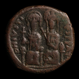 Byzantine Empire, Emperor Justin II (with Sophia), AE Follis - 572 to 573 CE - Byzantine Empire
