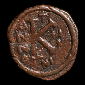 Byzantine Empire, Emperor Justin II (with Sophia), AE Half Follis - 567 to 568 CE - Byzantine Empire