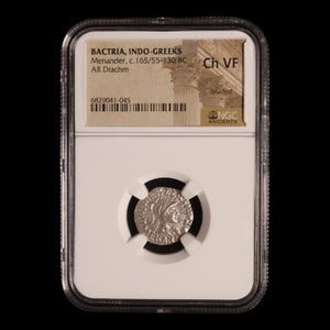 Greco-Bactria, King Menander, Silver Drachm (Ch VF) - c. 165 to 130 BCE - NGC Certified
