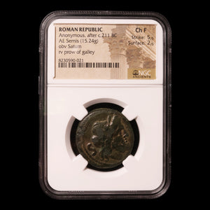 Roman Republic, Anonymous Bronze Semis, Saturn & Prow, Ch F (Choice Fine) - c. 211 to 86 BCE - NGC Certified