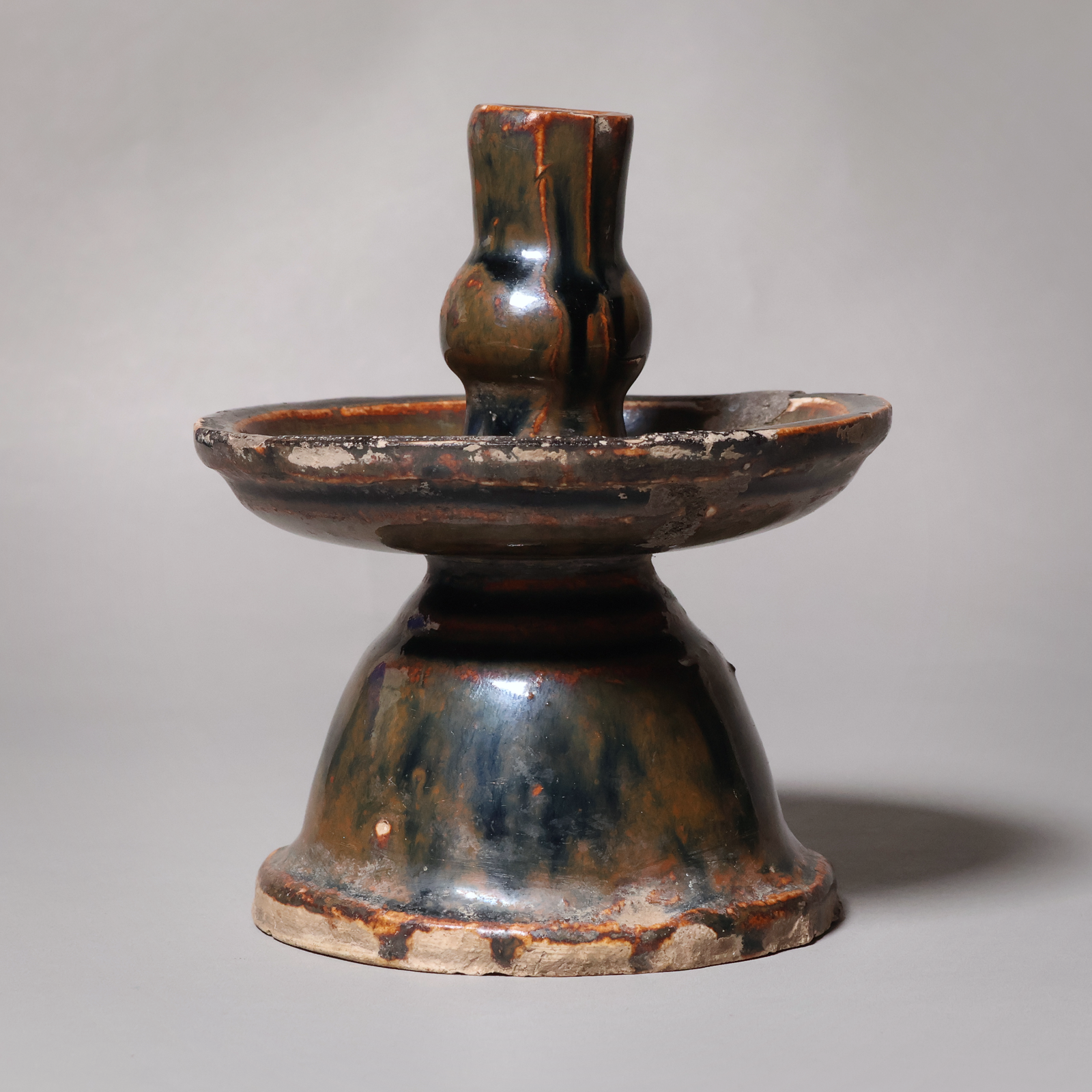 China, Qing Dynasty or Early Republic, Earthenware Oil Lamp with Dark Blue Glaze - c. 1850 to 1920 CE - Qing or Early Republic of China