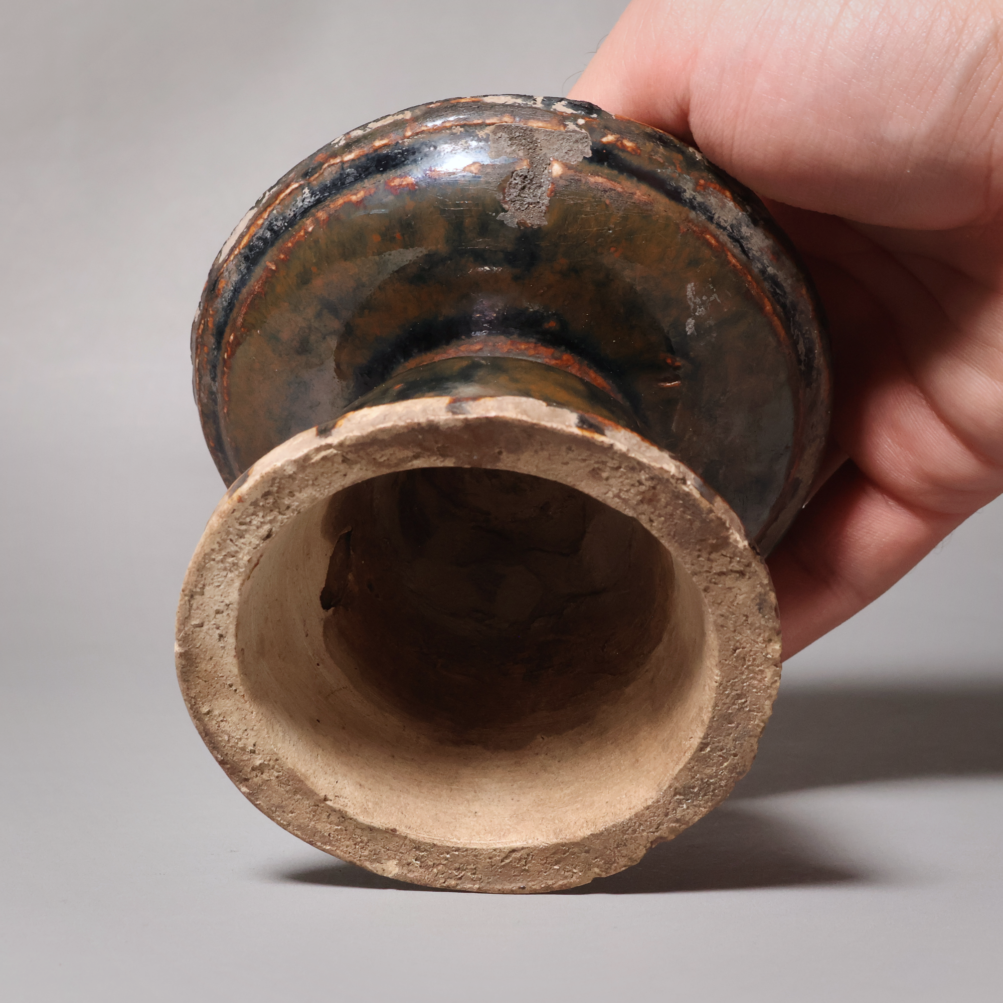 China, Qing Dynasty or Early Republic, Earthenware Oil Lamp with Dark Blue Glaze - c. 1850 to 1920 CE - Qing or Early Republic of China