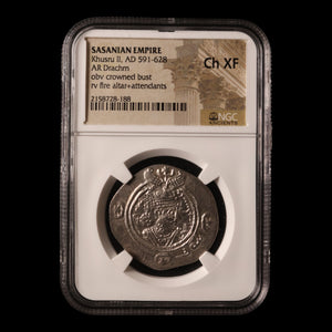 Persia, Sasanian Empire, King Khusru II, AR Drachm, King & Fire Altar (Ch XF) - 591 to 628 CE - NGC Certified