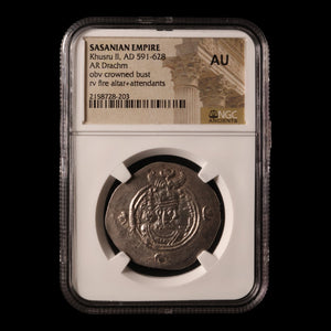 Persia, Sasanian Empire, King Khusru II, AR Drachm, King & Fire Altar (AU) - 591 to 628 CE - NGC Certified