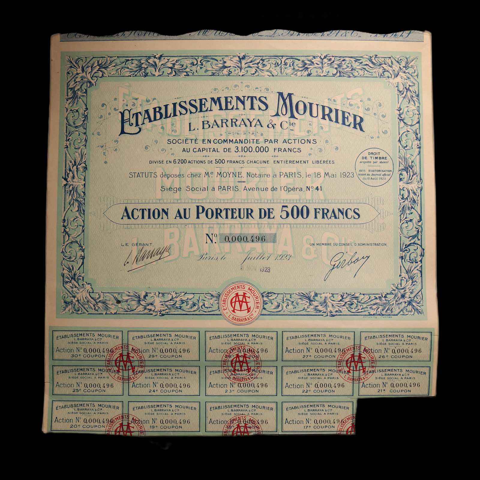 French Restaurant Company Stock Certificates (Établissements Mourier, L. Barraya & Cie) - 1923 CE - Paris, France