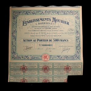 French Restaurant Company Stock Certificates (Établissements Mourier, L. Barraya & Cie) - 1923 CE - Paris, France