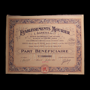 French Restaurant Company Stock Certificates (Établissements Mourier, L. Barraya & Cie) - 1923 CE - Paris, France