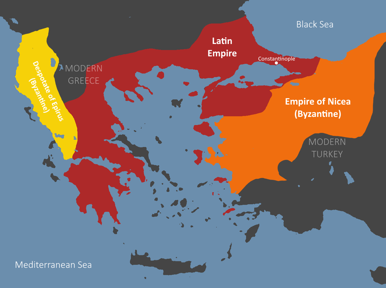 A map of the Latin Empire (red) as of 1204 CE, also showing the Empire of Nicea (orange) and the Despotate of Epirius (yellow) which were still under Byzantine rule.