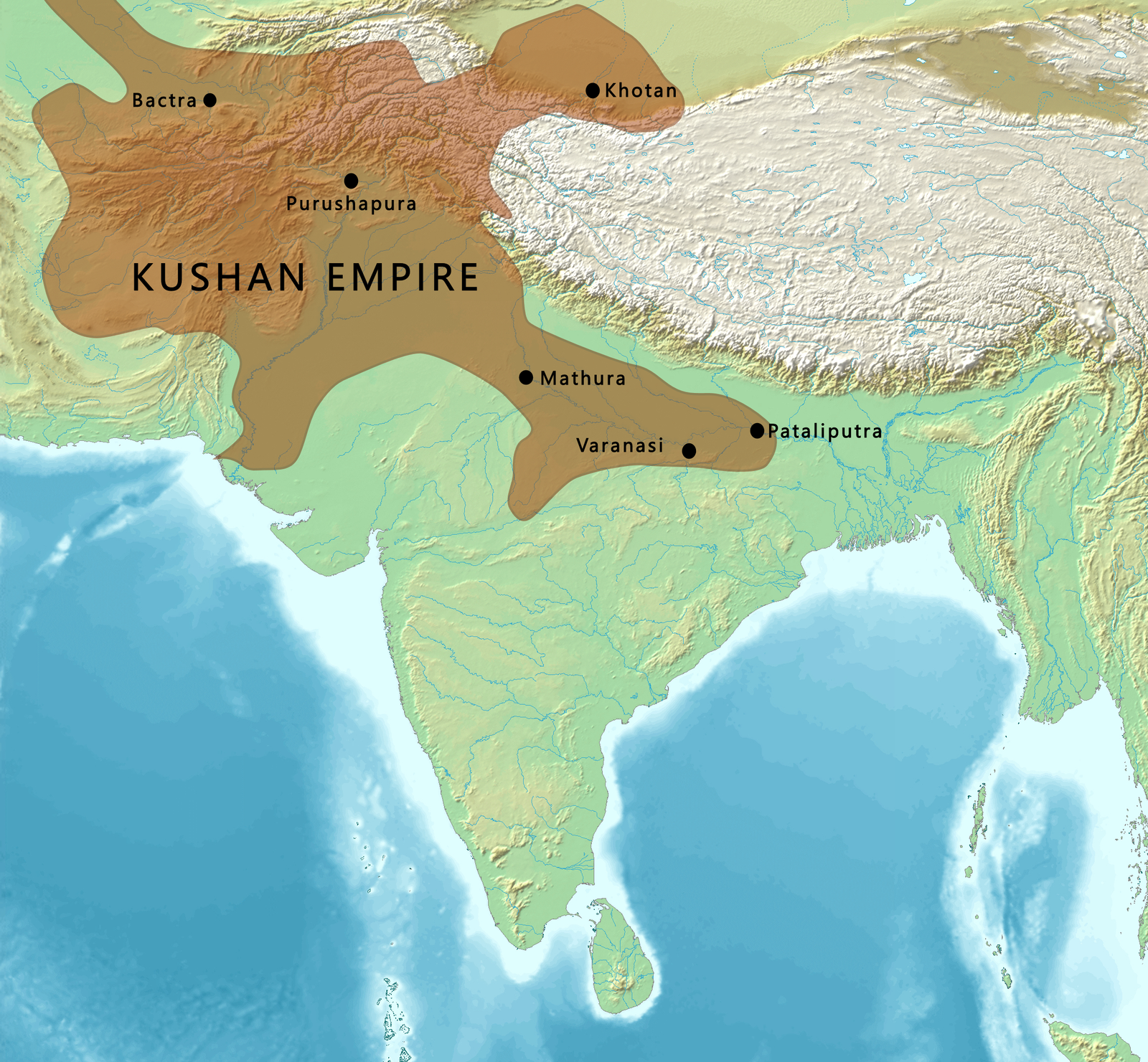 A map of the Kushan Empire at its greatest extent. Source: Wikimedia