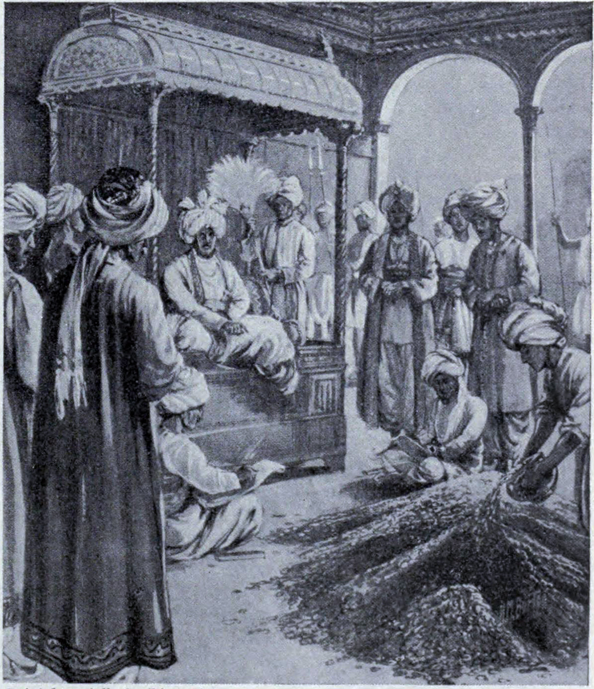 Muhammad Tughlak orders his copper coins to pass for silver, 1330 CE (illustration from Hutchinson's Story of the Nations)