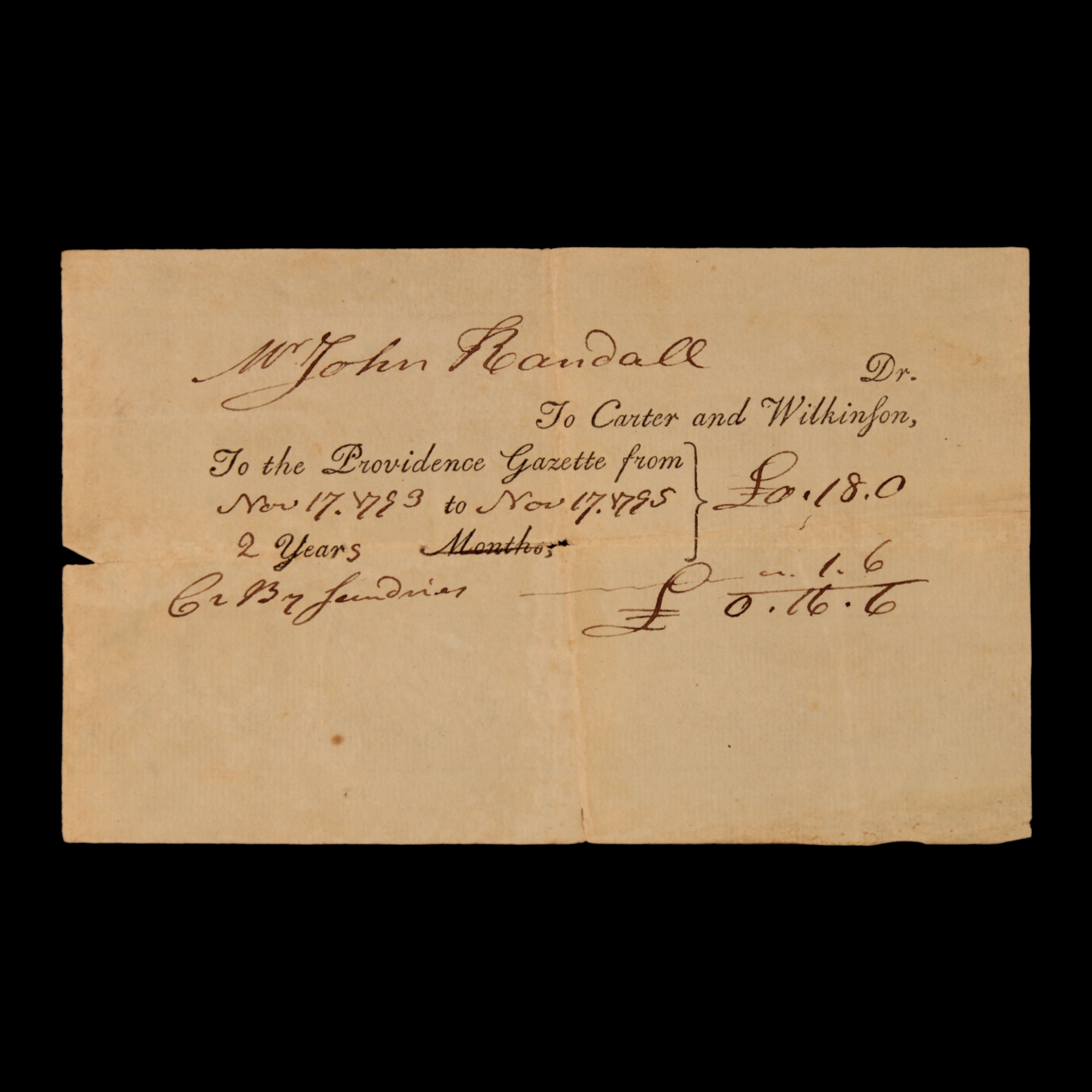 Receipt from the Providence Gazette Newspaper - 1795 - United States - 5/10/23 Auction