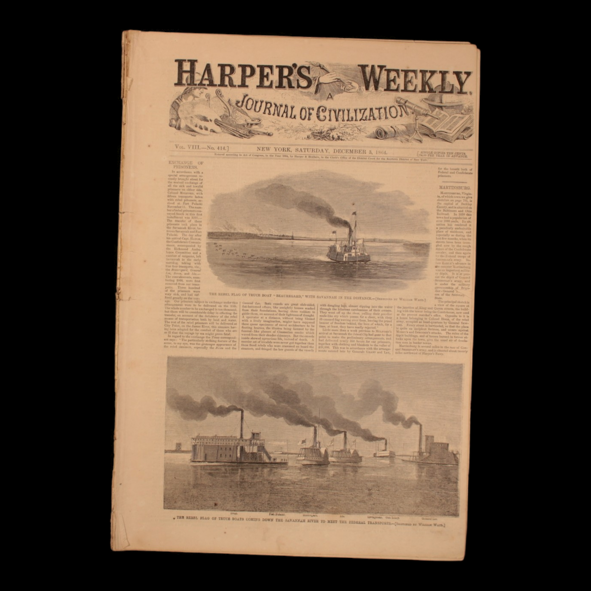 Harper's Weekly — "Rebel Flag of Truce Boats" (Prisoner Swap), Thanksgiving Day Centerfold with Lincoln