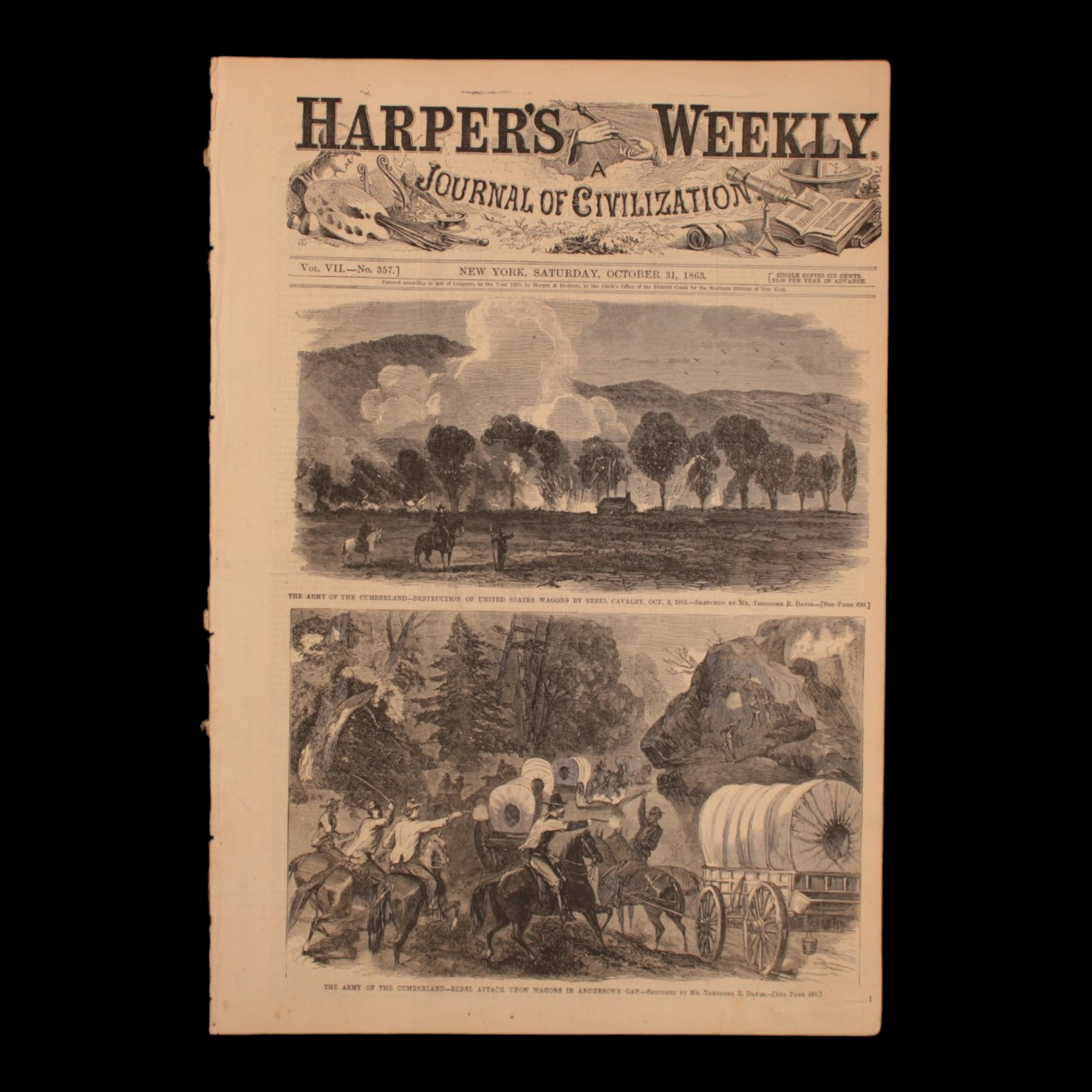 Harper's Weekly — Rebel Attack on Wagons, The Sioux War, Iconic Battle of Chicamauga Centerfold Engraving