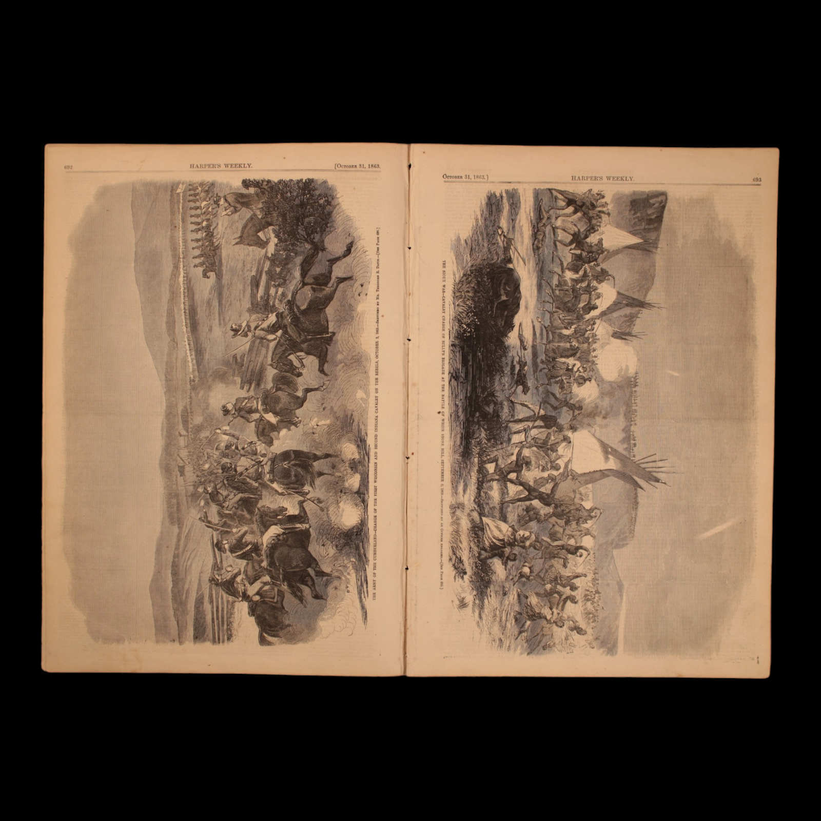 Harper's Weekly — Rebel Attack on Wagons, The Sioux War, Iconic Battle of Chicamauga Centerfold Engraving