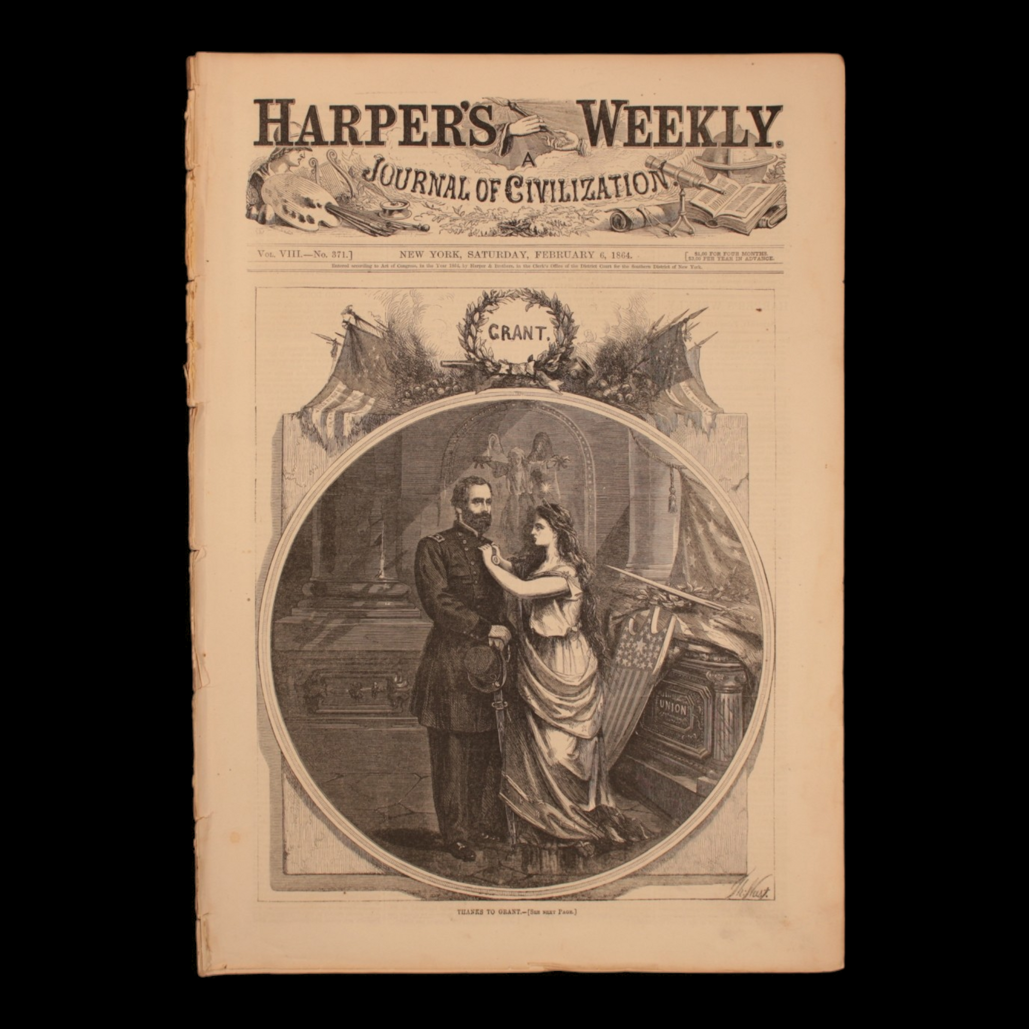 Harper's Weekly — Ulysses S. Grant & Liberty Cover, John Clem Biography (12 Year Old Sergeant), Wagon Train Engraving