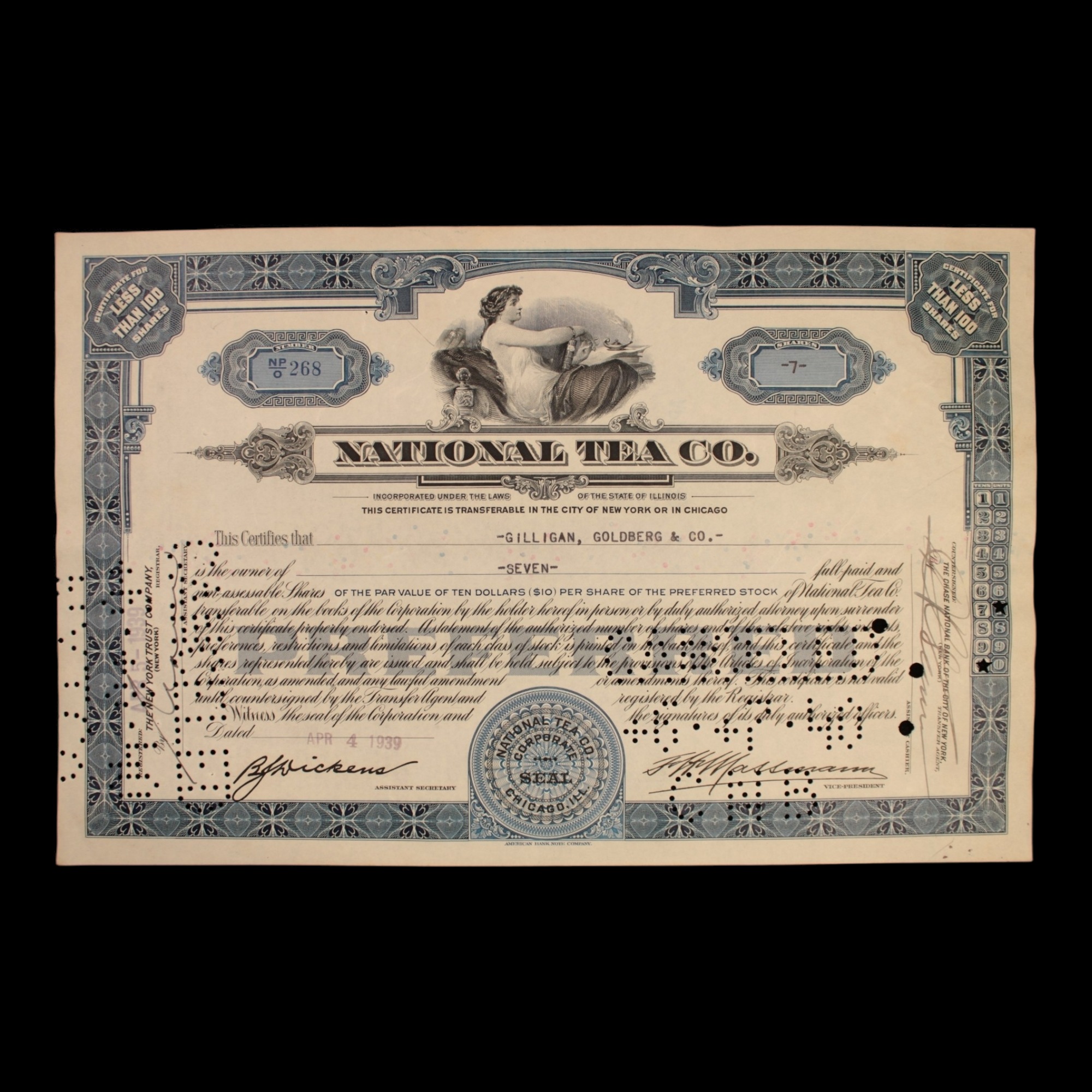 National Tea Co. Stock Certificate - 1930s - Grocery Store Chain