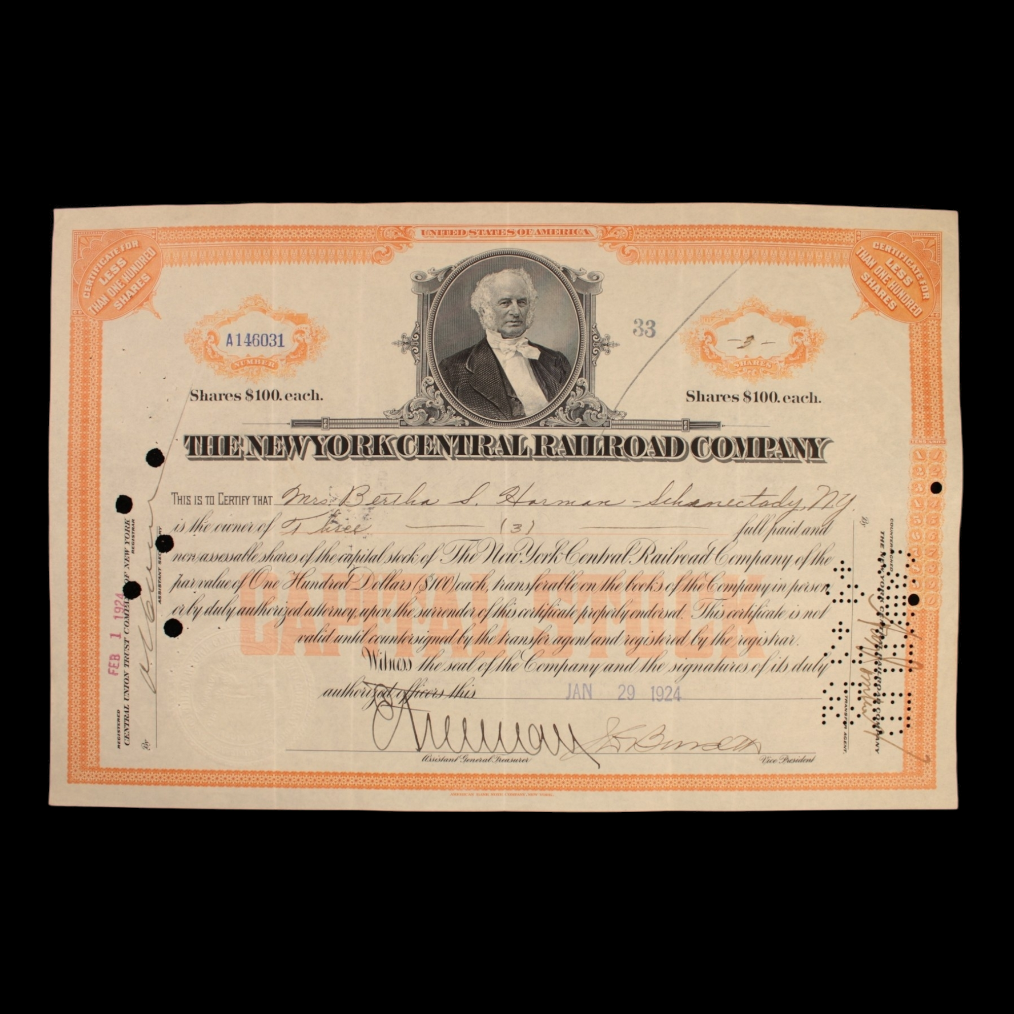 New York Central Railroad Stock Certificate - 1920s to 1930s - Eastern United States