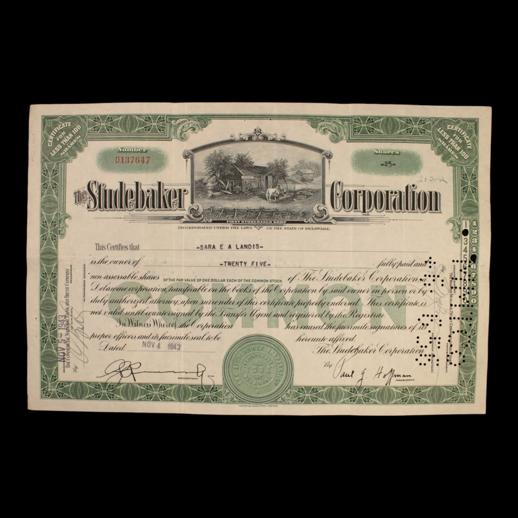 Studebaker Corporation Stock Certificate - 1940s - Auto Industry