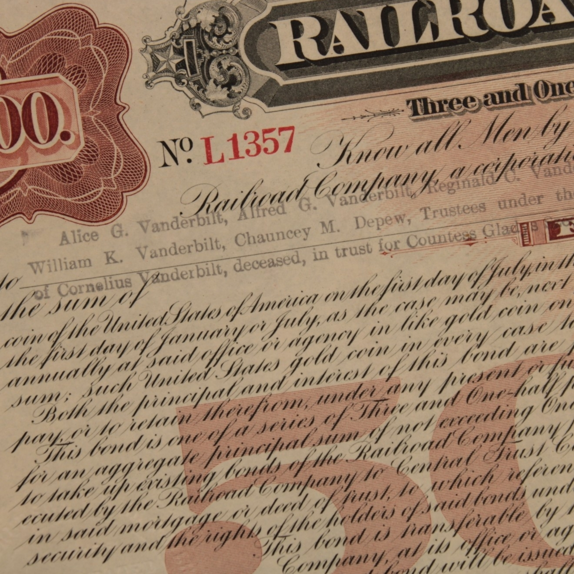 NY Central & Hudson River Railroad Stock Certificate - 1912 - Issued to Vanderbilt Family