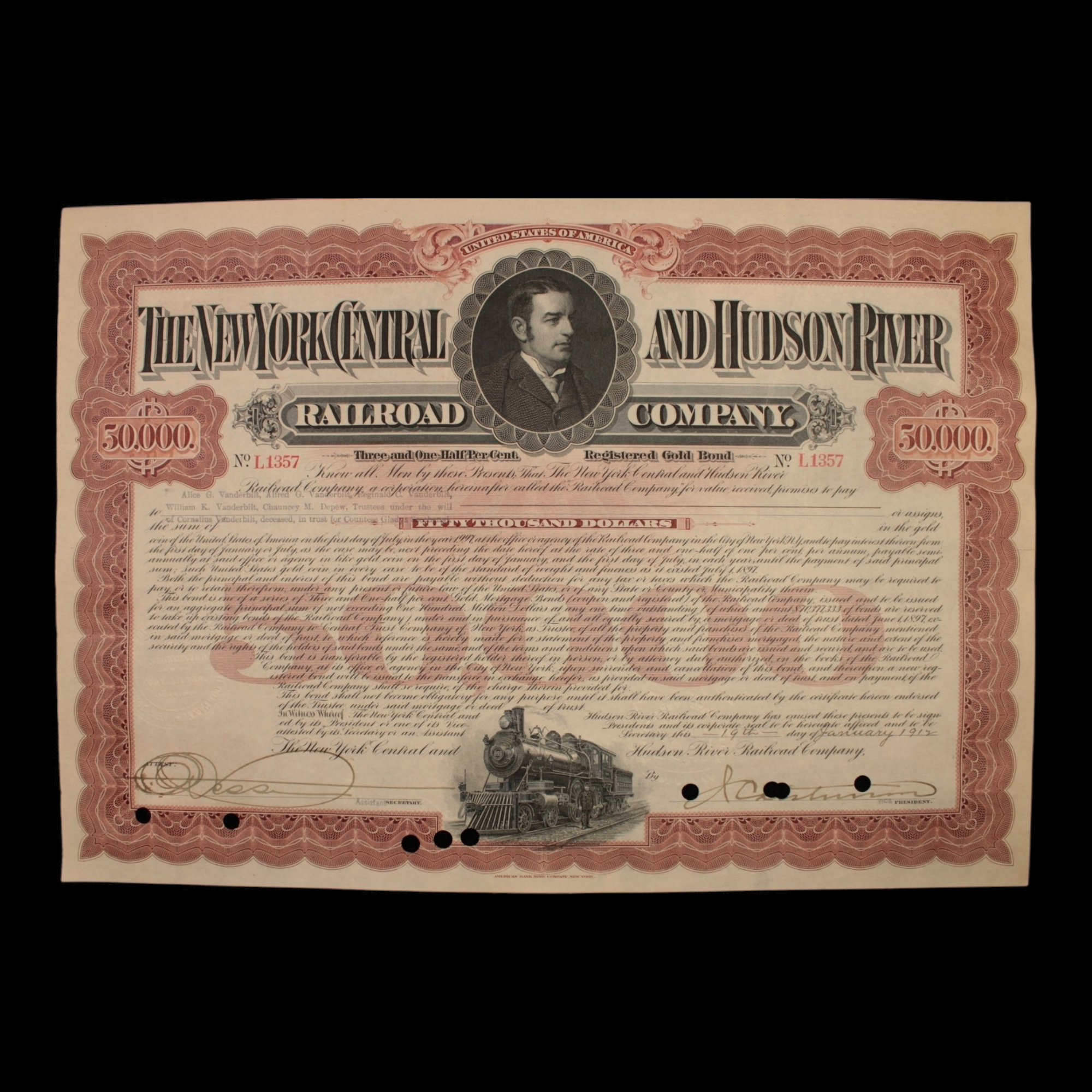 NY Central & Hudson River Railroad Stock Certificate - 1912 - Issued to Vanderbilt Family
