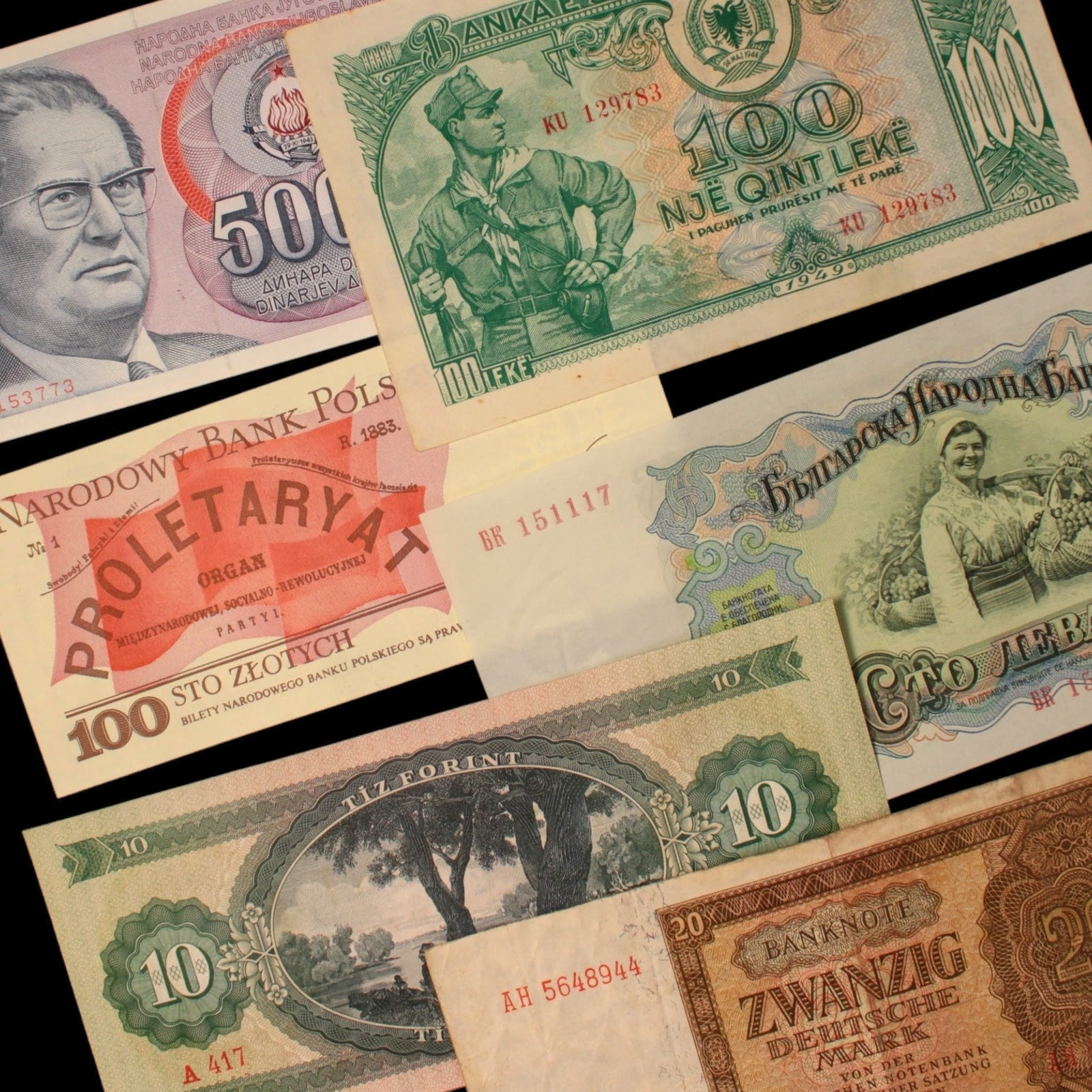 Iron Curtain Collection, Six Communist Banknotes - 1948 to 1988 - Cold War