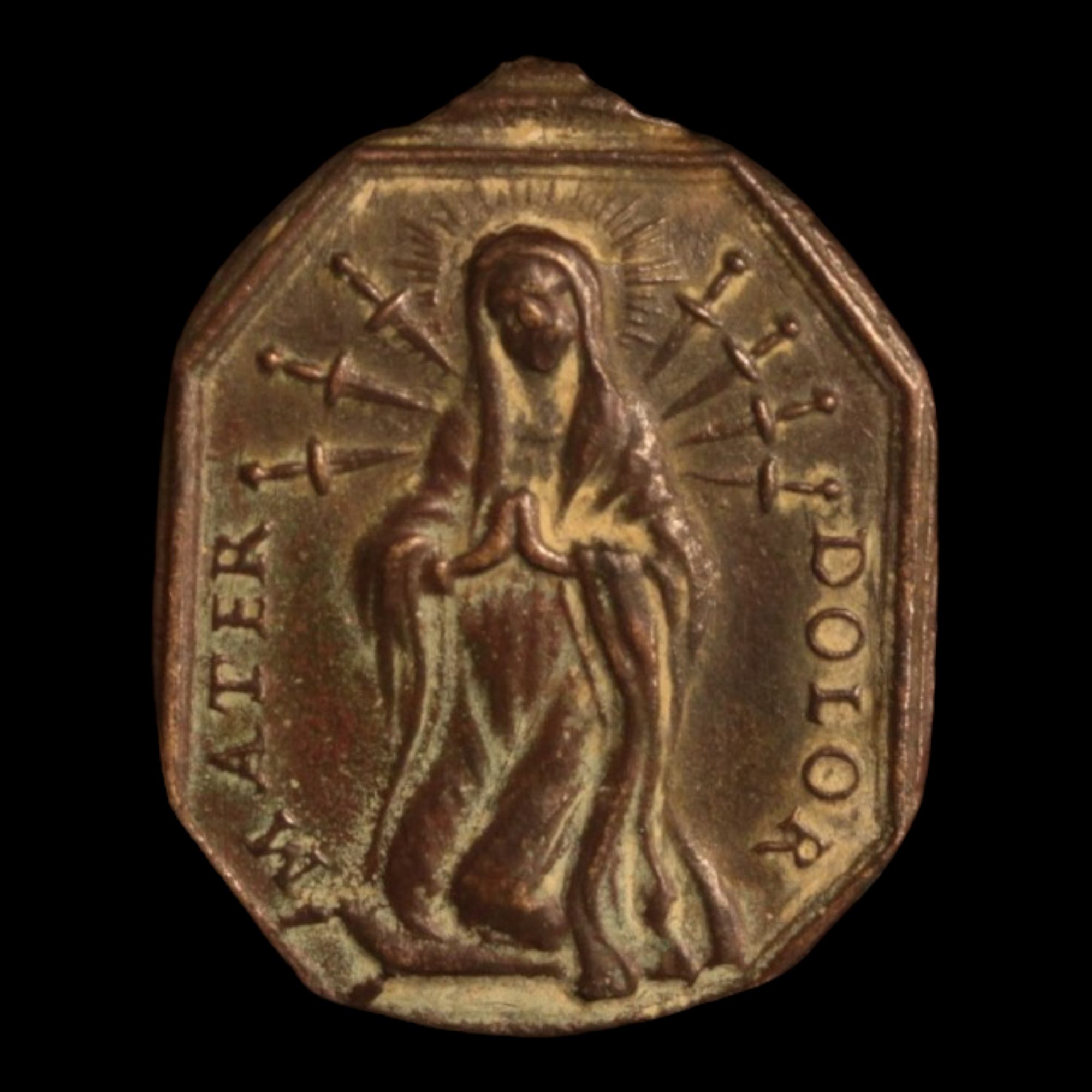 Religious Medal, Catholic Church, St. Francis & Grieving Virgin Mary, 22mm - 1500s to 1700s - Spanish Empire