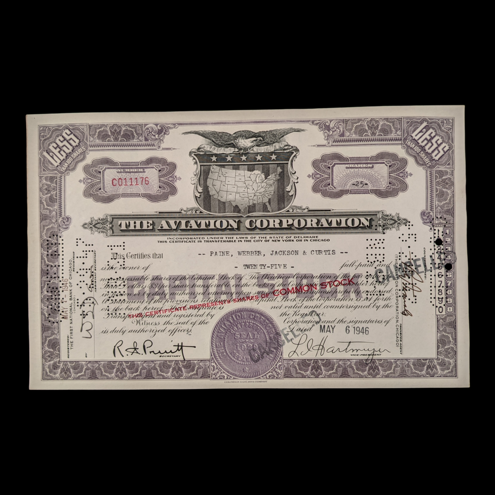 The Aviation Corporation Stock Certificate - 1940's - Aerospace