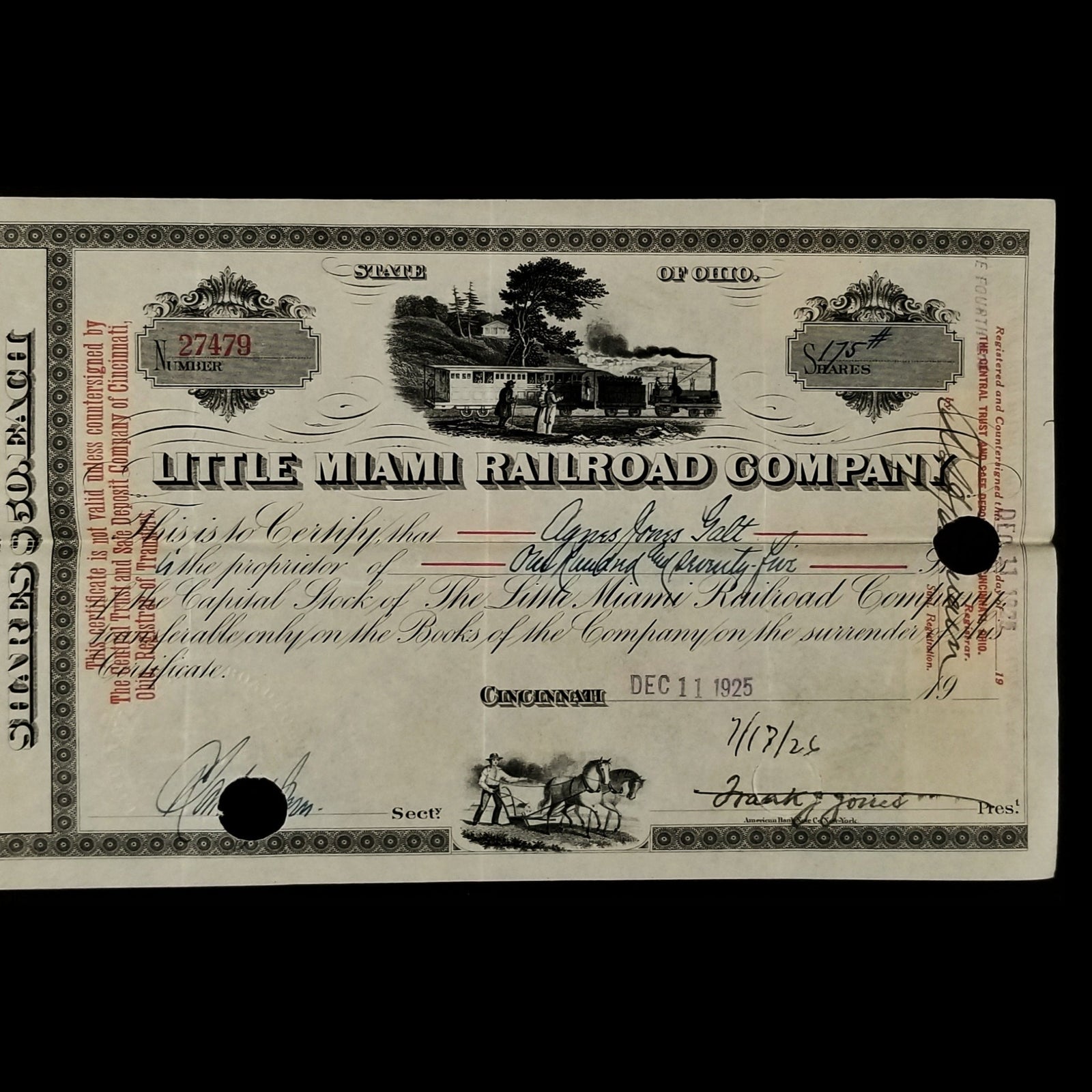 Little Miami Railroad Stock Certificate - 1920's - Pre–Depression