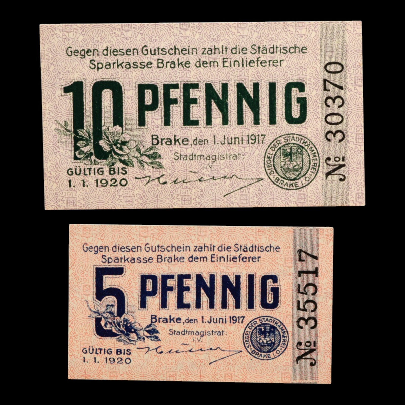 German Empire, City of Brake an der Unterweser, 5 And 10 Pfennigs (2 Notgeld Notes)
