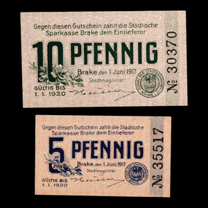 German Empire, City of Brake an der Unterweser, 5 And 10 Pfennigs (2 Notgeld Notes)
