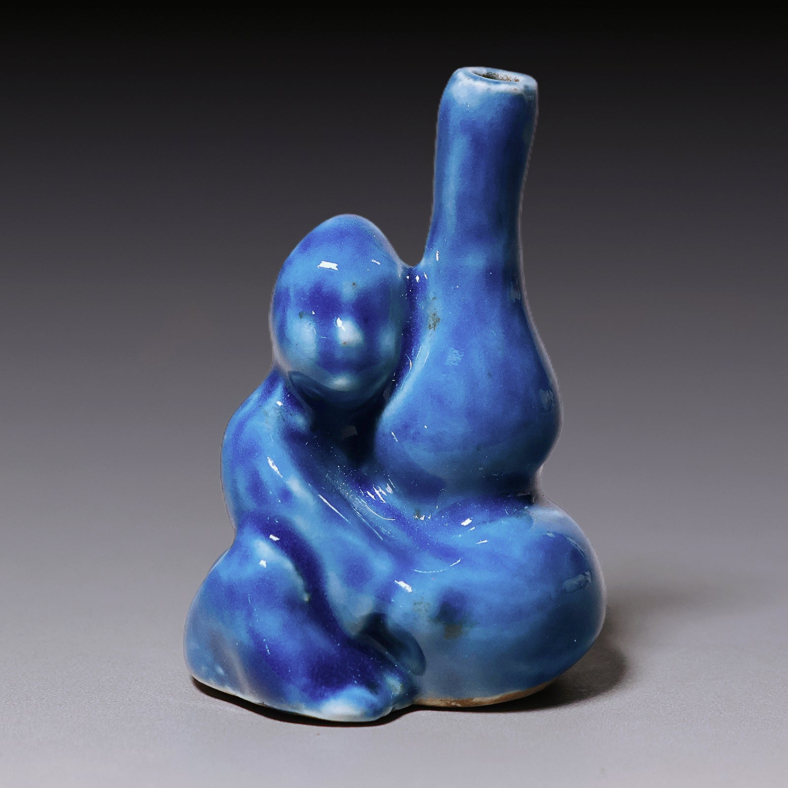 Qing Dynasty, Blue Glazed Incense Burner (Man & Gourd Drinking Bottle)