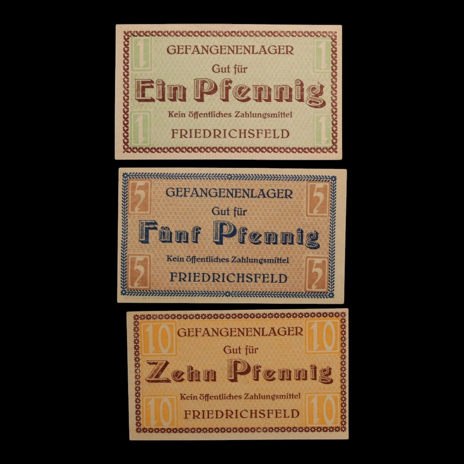 German Empire, Friedrichsfeld am Niederrhein POW Camp, 1, 5, 10 Pfennigs (3 Notes)