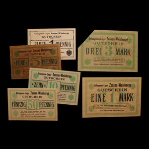 German Empire, Zossen-Weinberge POW Camp, 1, 5, 10, 50 Pfennig & 1, 3 Mark (6 Notes)