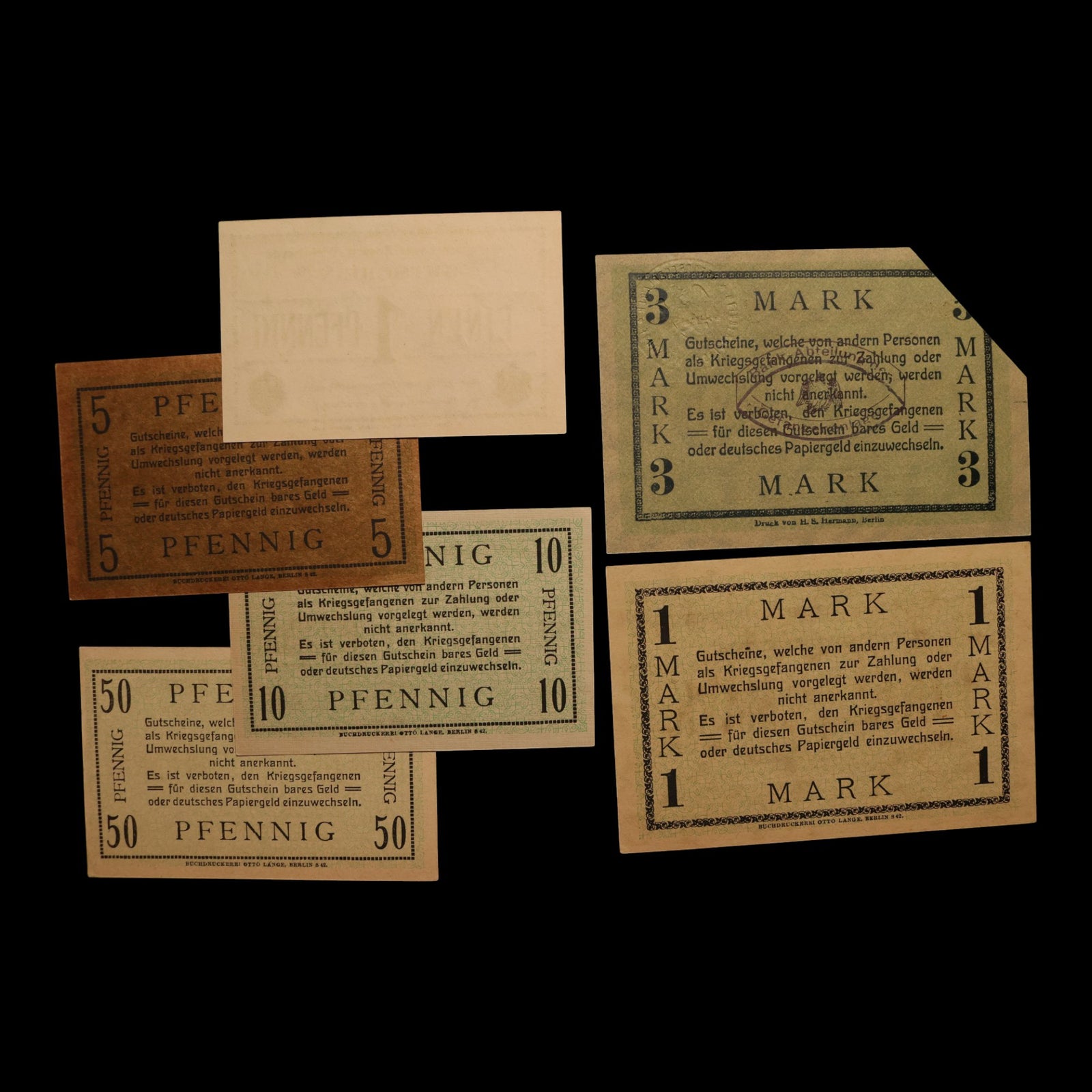 German Empire, Zossen-Weinberge POW Camp, 1, 5, 10, 50 Pfennig & 1, 3 Mark (6 Notes)
