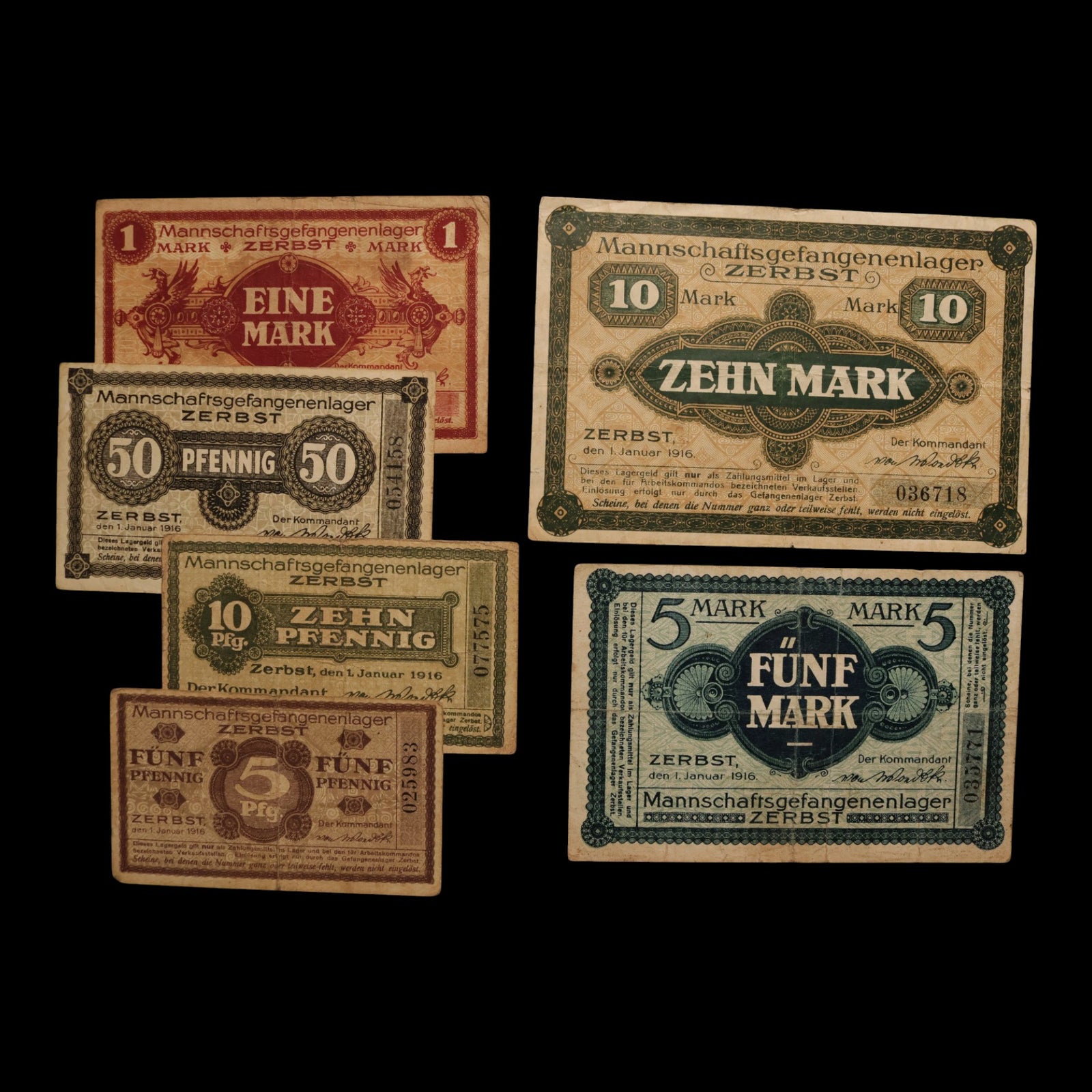 German Empire, Zerbst POW Camp, 5, 10, 50 Pfennigs & 1, 5, 10 Marks (6 Notes)