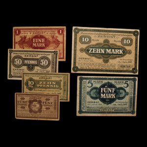 German Empire, Zerbst POW Camp, 5, 10, 50 Pfennigs & 1, 5, 10 Marks (6 Notes)