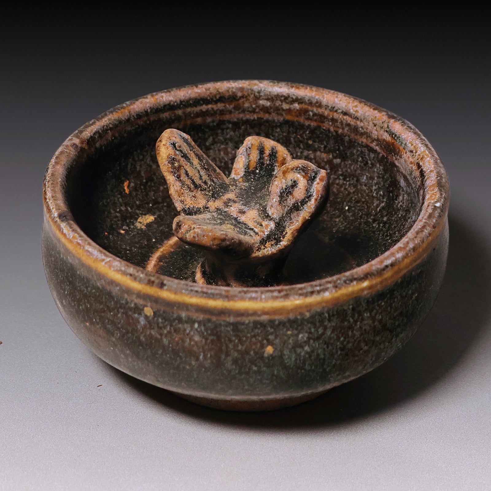 Qing Dynasty, Brown Glazed Incense Burner with Bird Figure