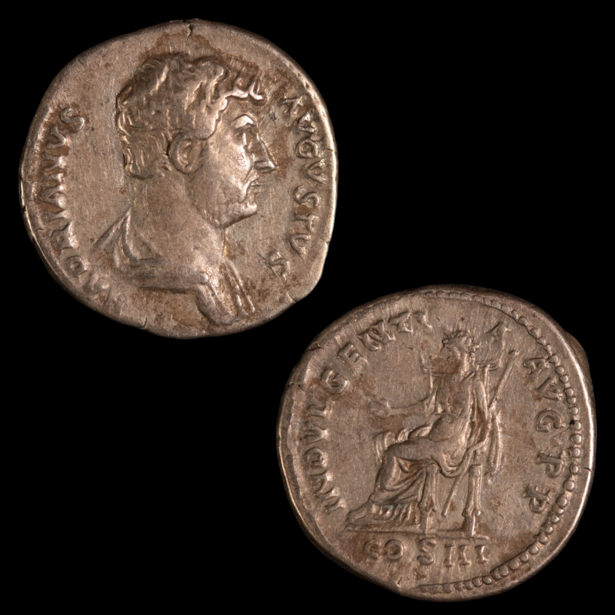 Denarius, Emperor Hadrian, Indulgentia Reverse - 129 to 130 CE - Roman Empire - Auction 9/6/23