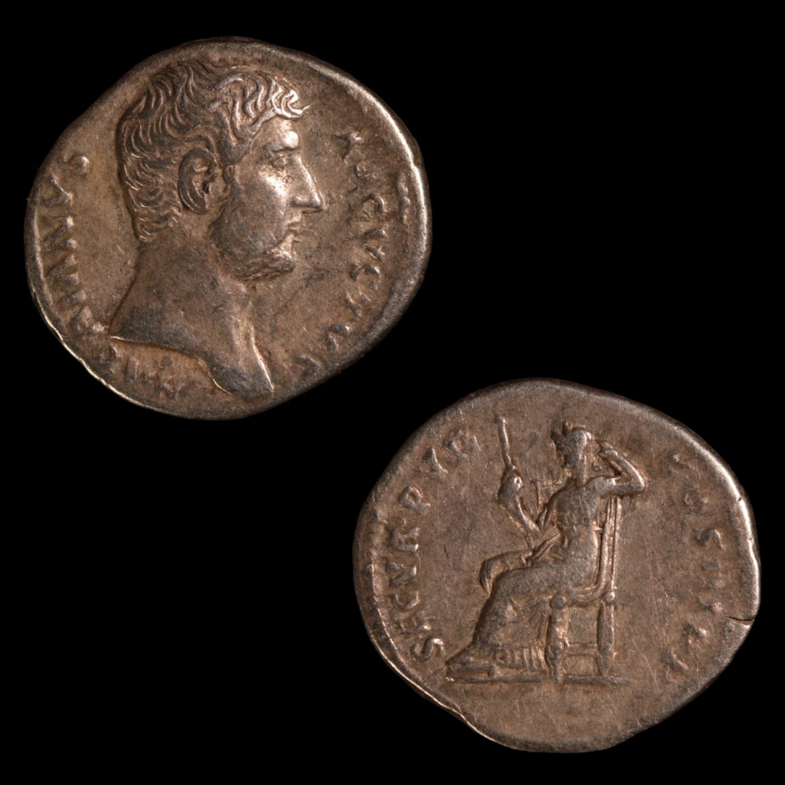 Denarius, Emperor Hadrian, Securitas Reverse - 129 to 130 CE - Roman Empire - Auction 9/6/23