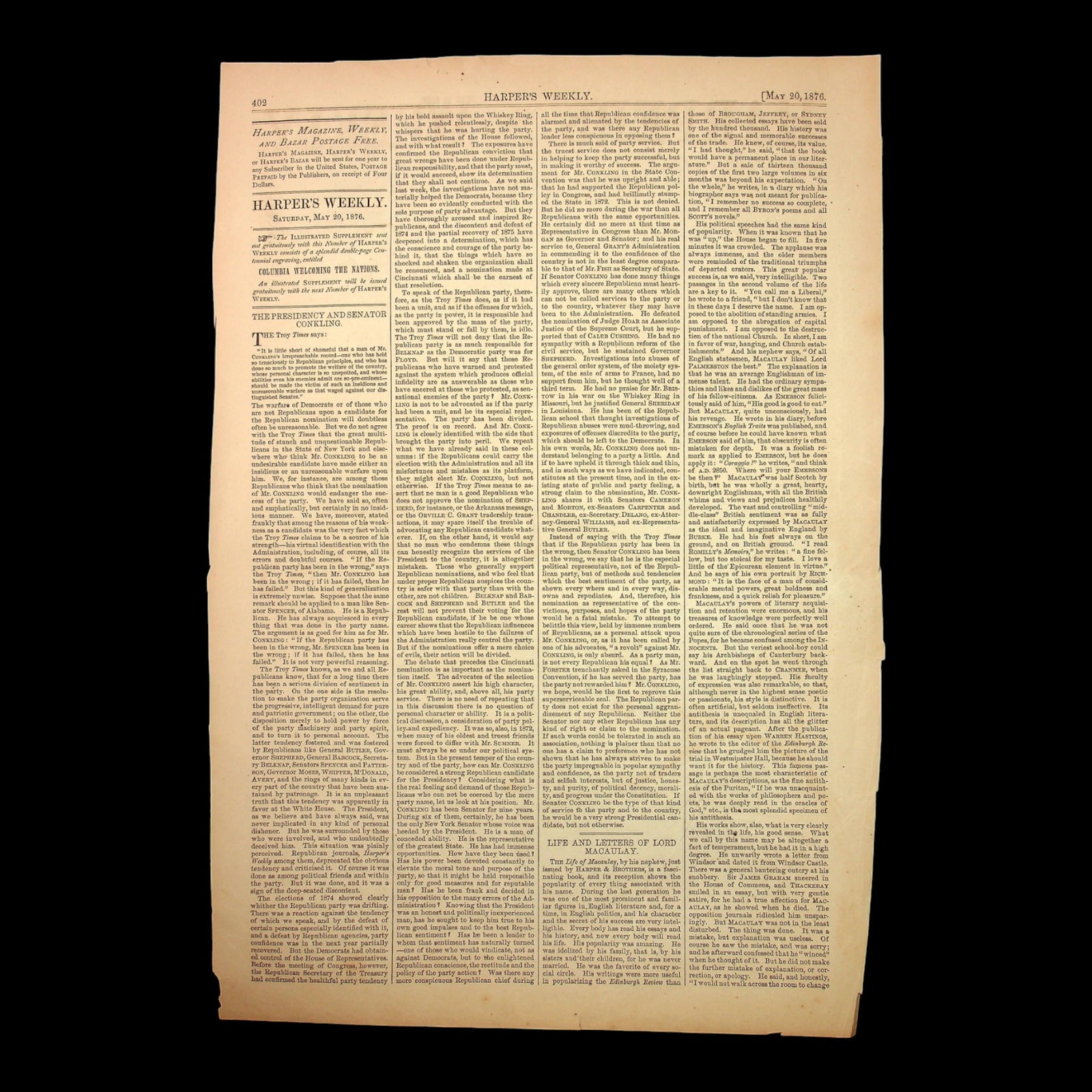 "Democratic Tiger Gone Mad," Cover Page of Harper's Weekly - May 20th, 1876 - Reconstruction Era