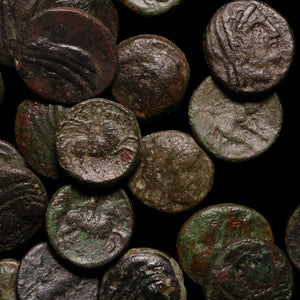 Collection of ancient bronze coins with detailed designs on a dark background